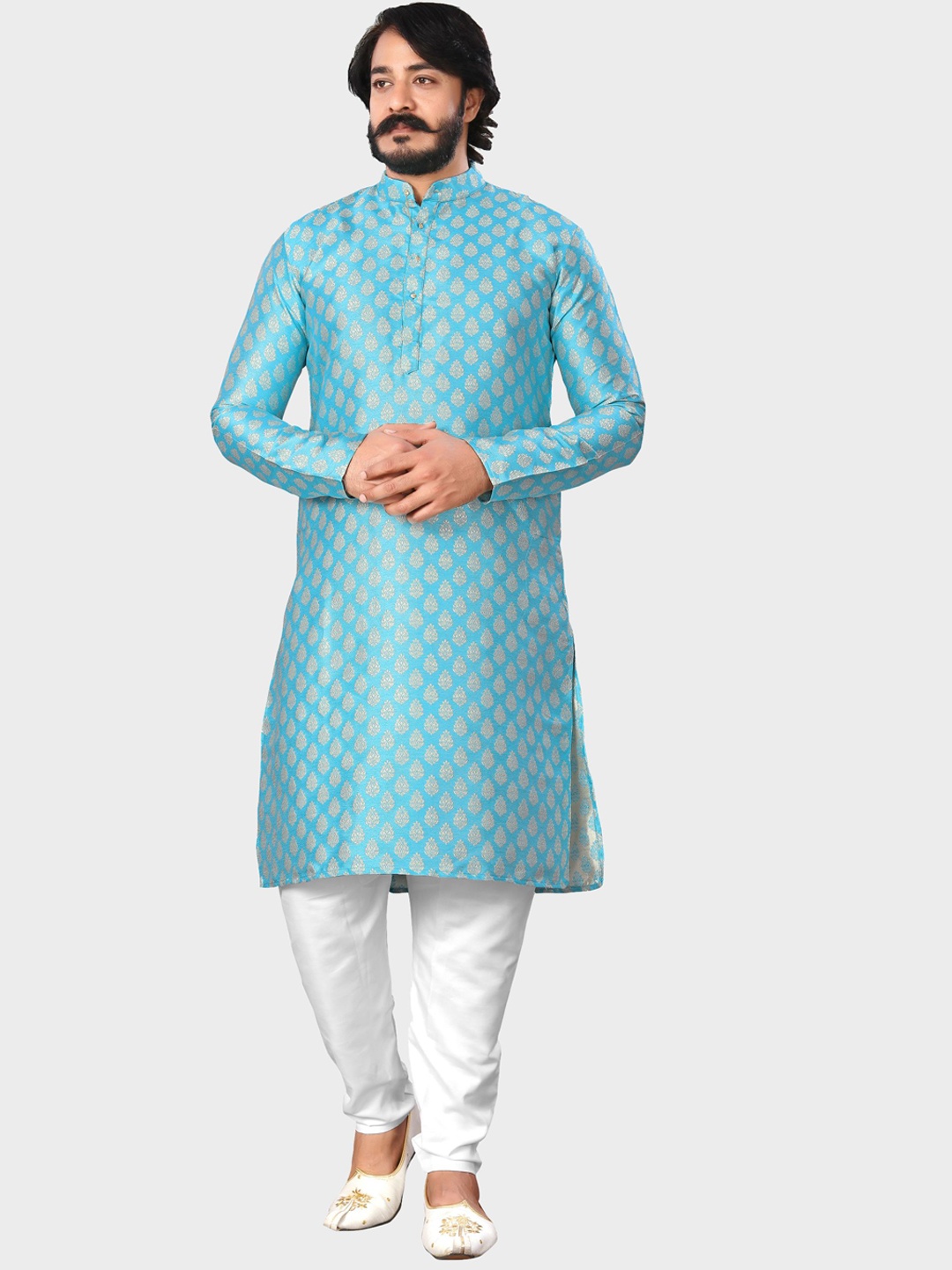 

amzira Men Turquoise Blue Ethnic Motifs Kurta with Pyjamas