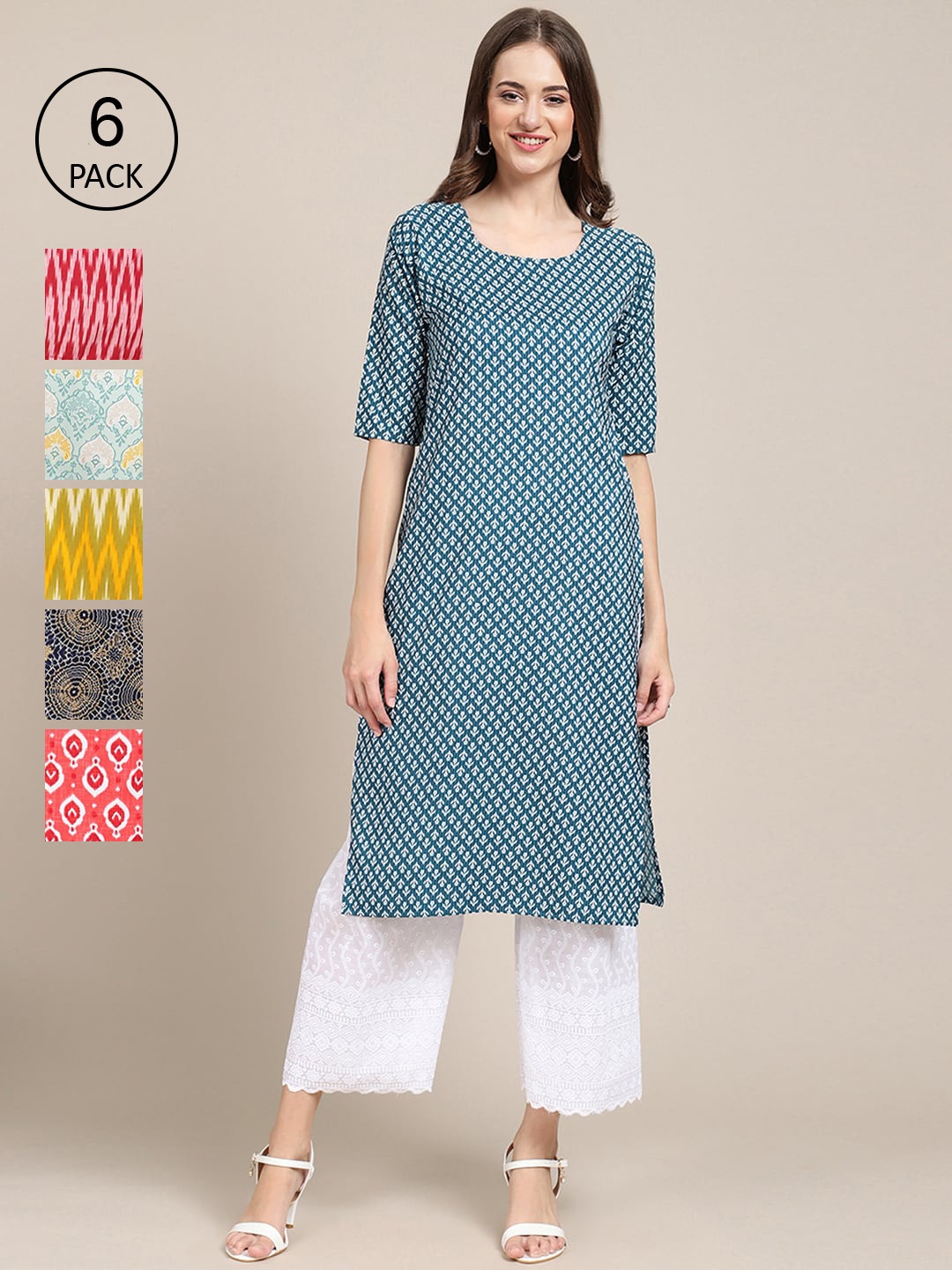

7Threads Women Pack of 6 Blue & Yellow Ethnic Motifs Printed Crepe Kurta