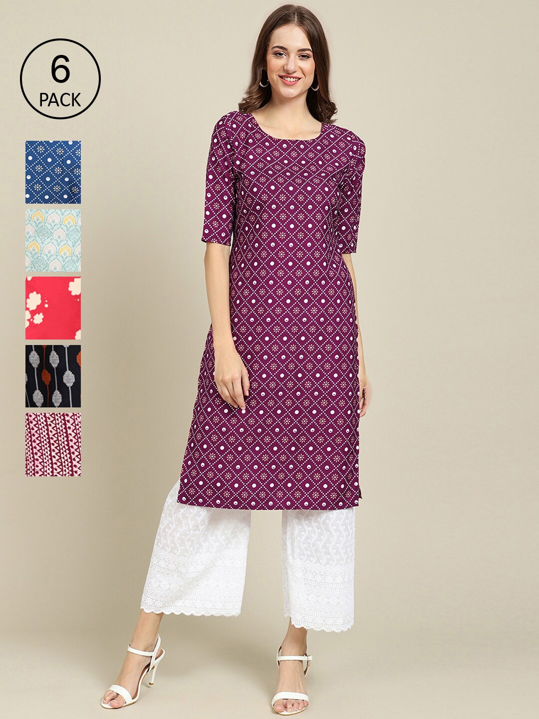 

7Threads Women Pack of 6 Floral Printed Crepe Kurta, Blue