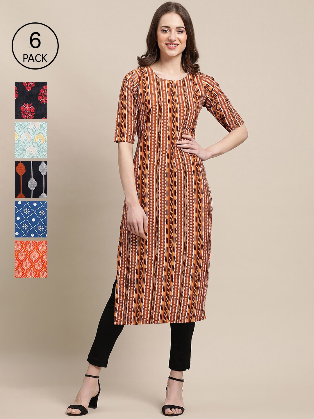 

7Threads Women Pack of 6 Ethnic Motifs Printed Crepe Kurta, Brown