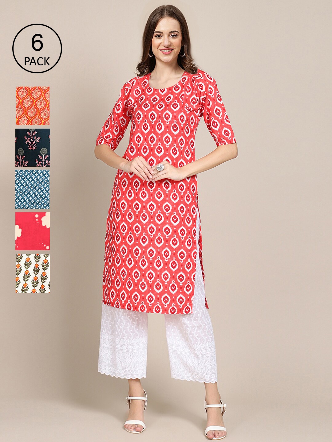 

7Threads Women Pack of 6 Pink & Blue Ethnic Motifs Printed Crepe Kurta