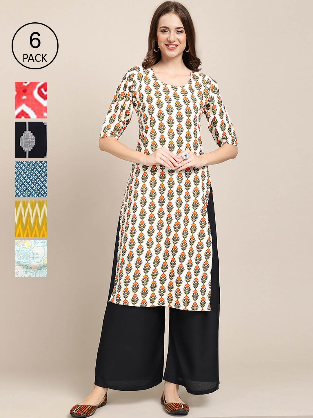 

7Threads Women Pack of 6 Printed Crepe Kurta, Multi