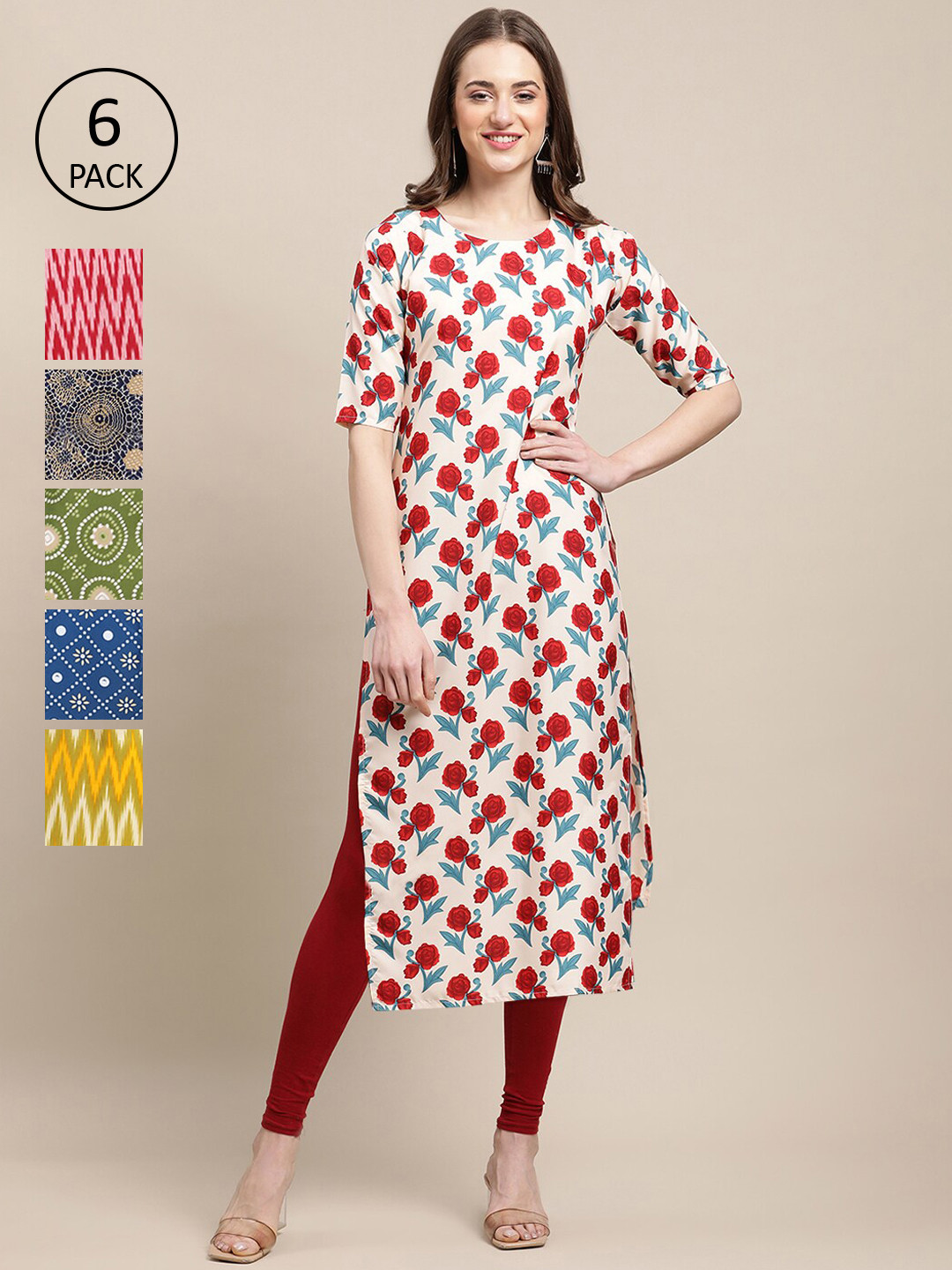 

7Threads Women Pack of 6 Printed Crepe Kurta, Multi