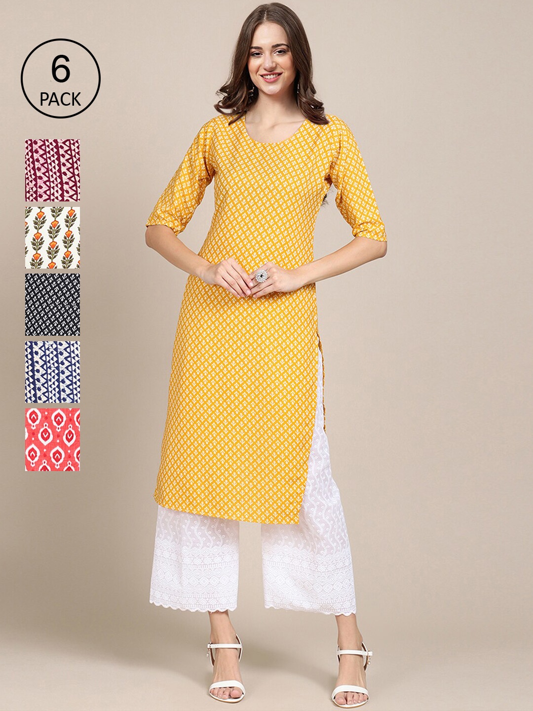 

7Threads Women Pack of 6 Yellow & Blue Ethnic Motifs Printed Crepe Kurta