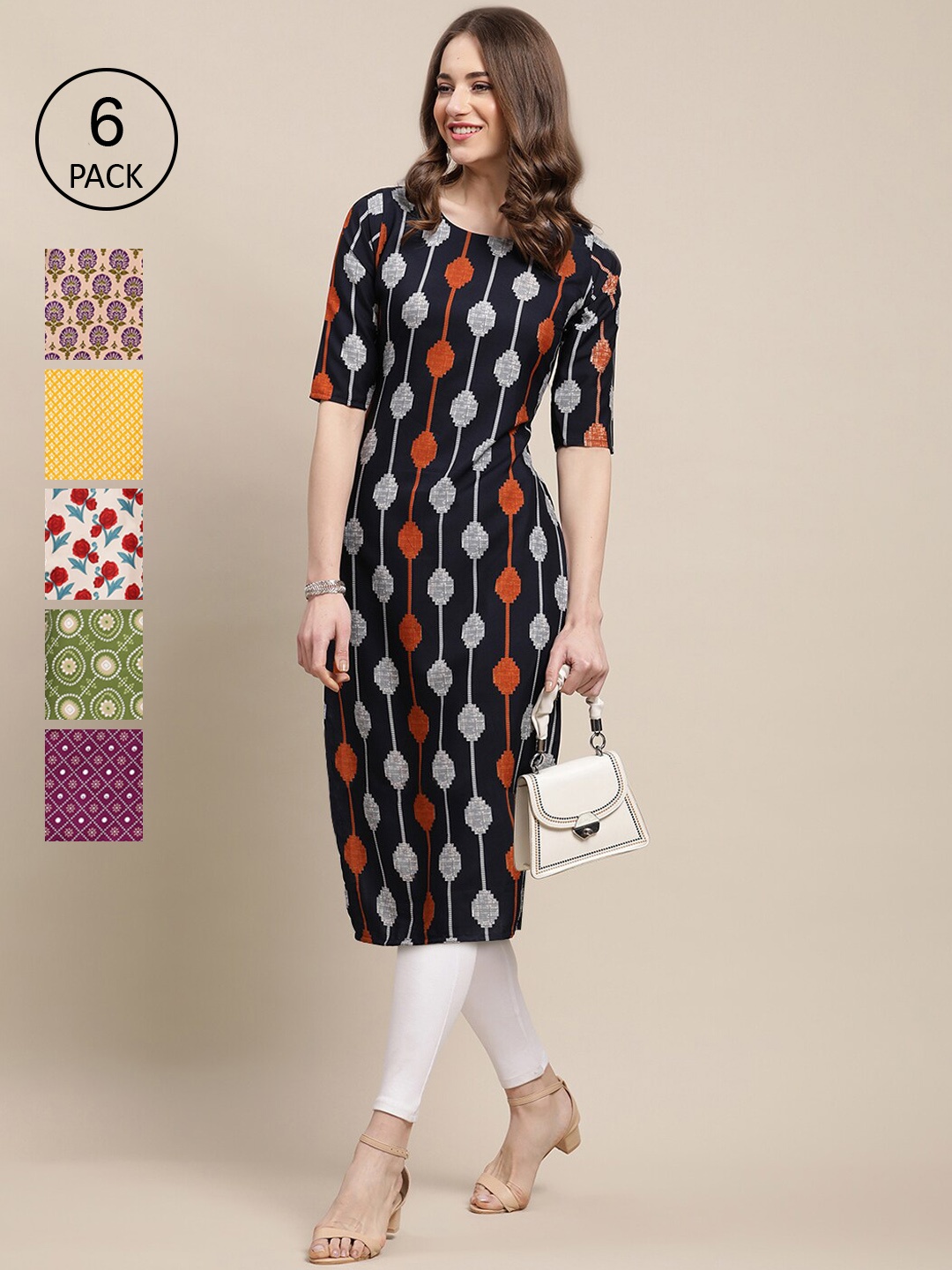 

7Threads Women Pack of 6 Block Print Crepe Kurta, Black