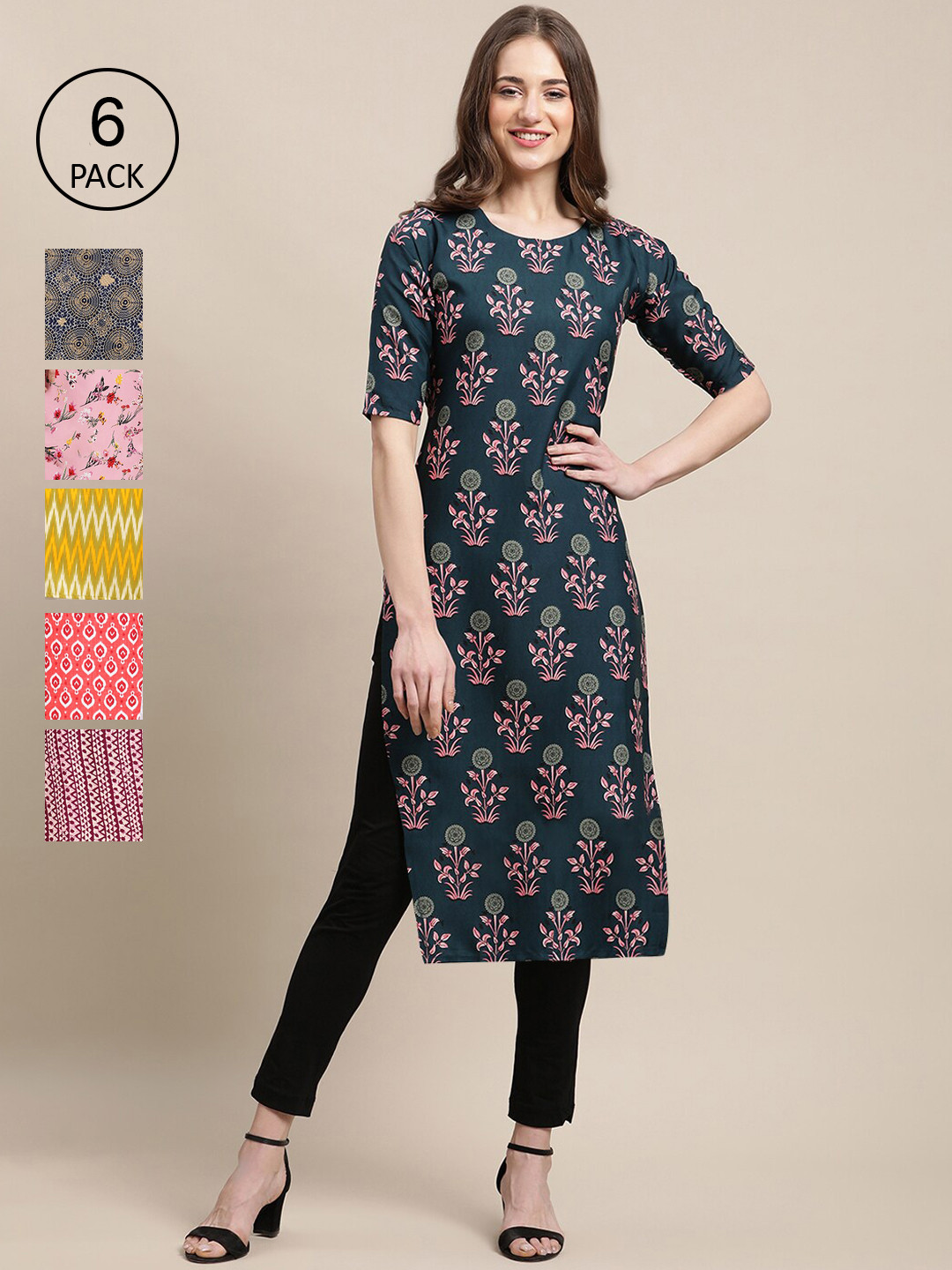 

7Threads Women Pack of 6 Floral Printed Crepe Straight Kurta, Green