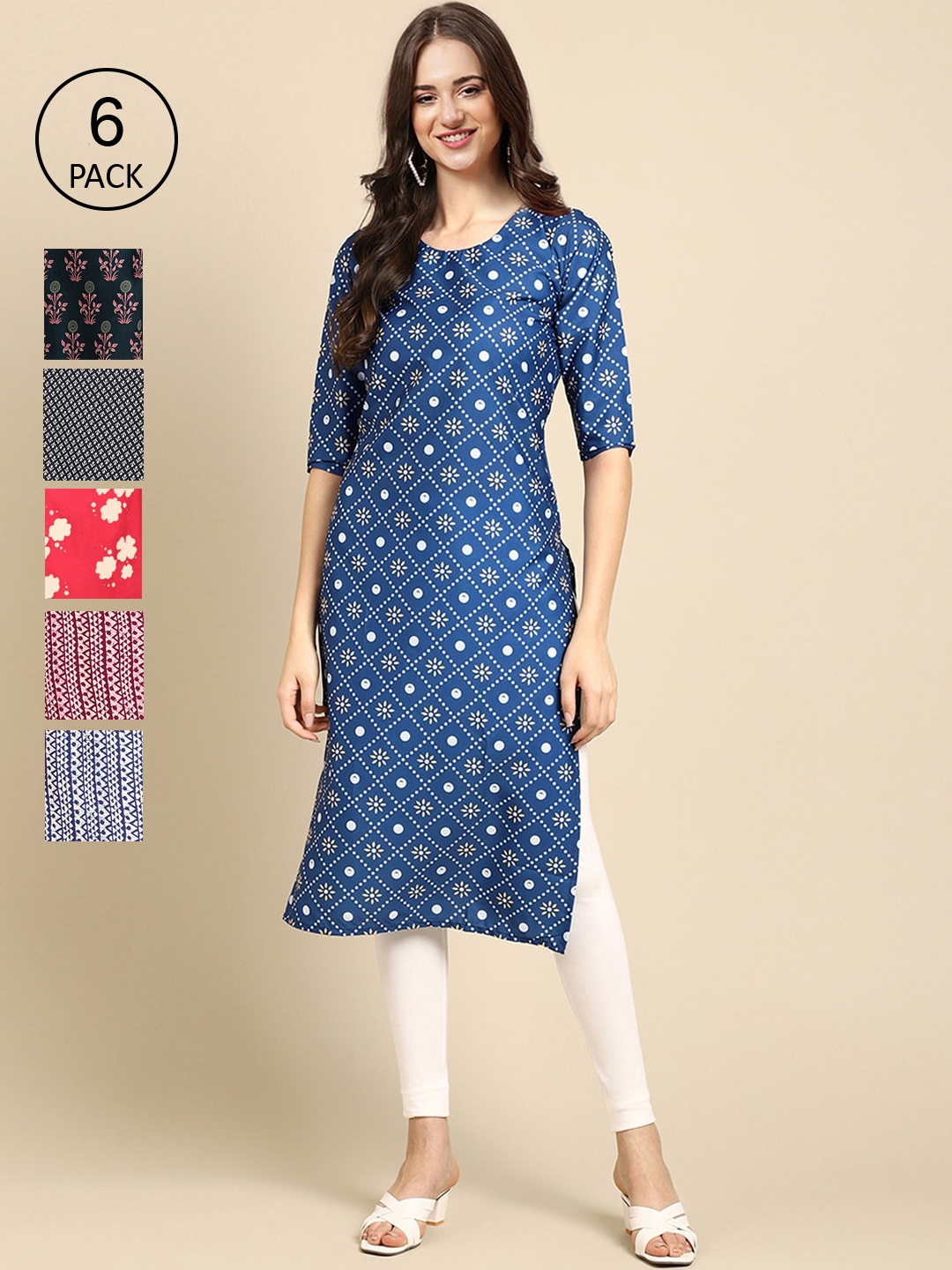 

7Threads Women Pack of 6 Blue & Black Ethnic Motifs Printed Crepe Kurta