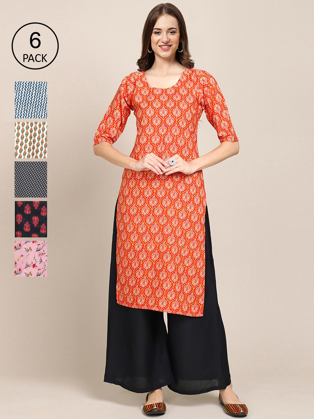 

7Threads Women Pack of 6 Block Print Crepe Kurta, Orange