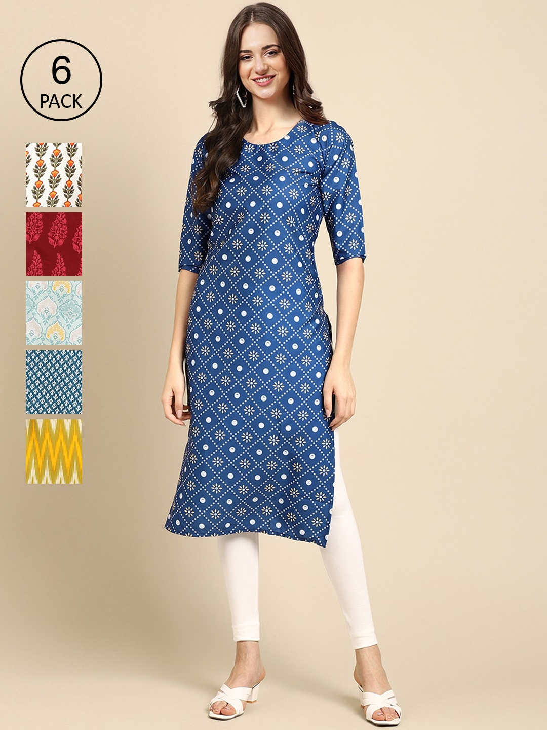 

7Threads Women Pack of 6 Geometric Striped Block Print Crepe Kurta, Blue