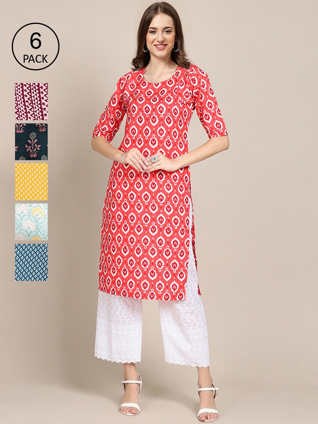 

7Threads Women Pack of 6 Geometric Printed Crepe Straight Kurta, Coral