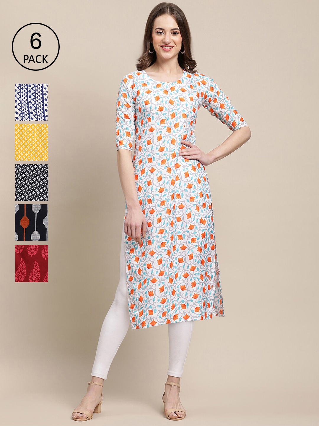 

7Threads Women Pack of 5 Ethnic Motifs Printed Crepe Kurta, Black