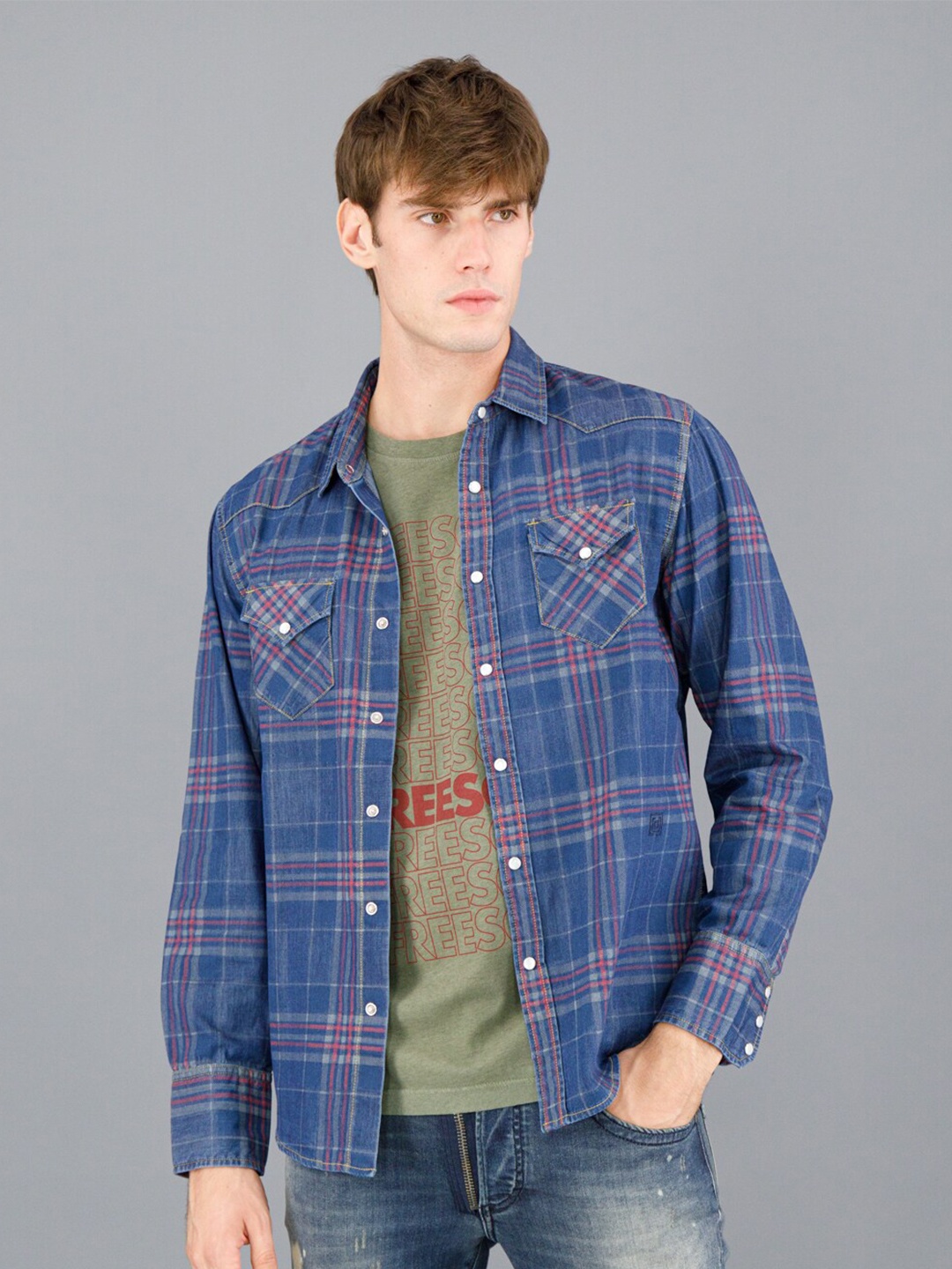 

FREESOUL Men Blue & Red Tartan Checks Checked Pure Cotton Casual Shirt