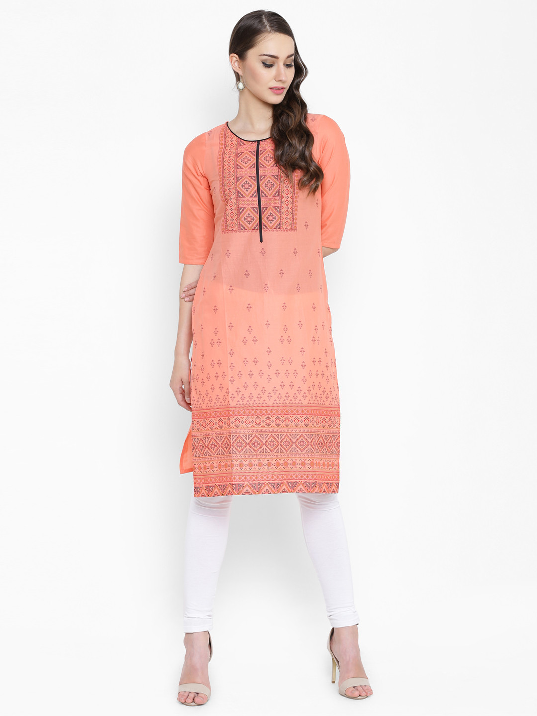 

AURELIA Women Peach-Coloured Printed Straight Kurta