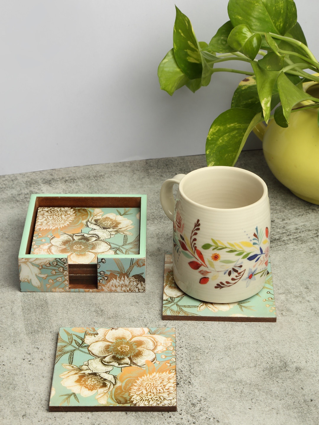 

ROMEE Set of 6 Sea Green & Gold Printed Coasters With Wooden Stand