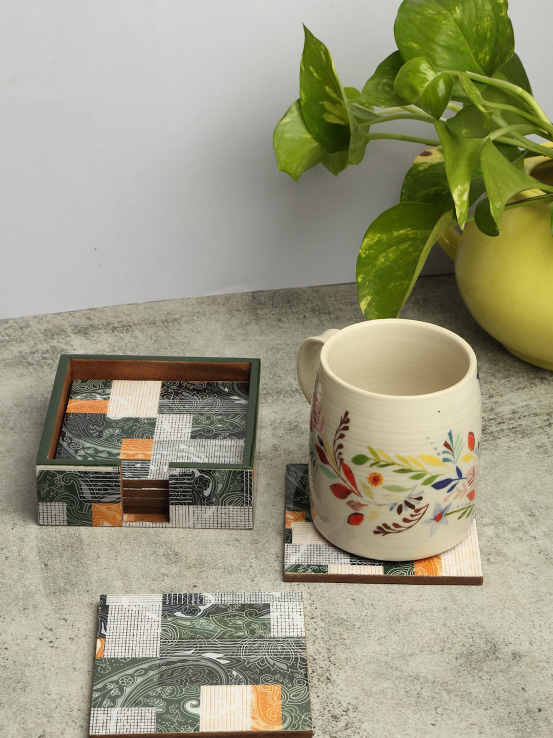 

ROMEE Set Of 6 Printed Wooden Coasters, Green
