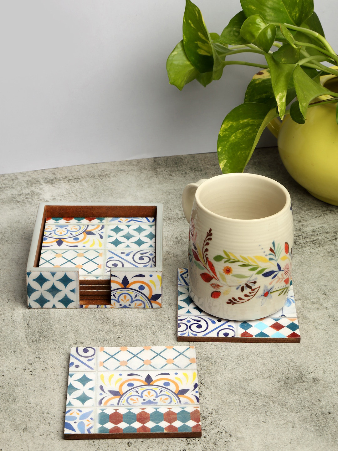 

ROMEE Set Of 6 Blue & White Printed Coasters