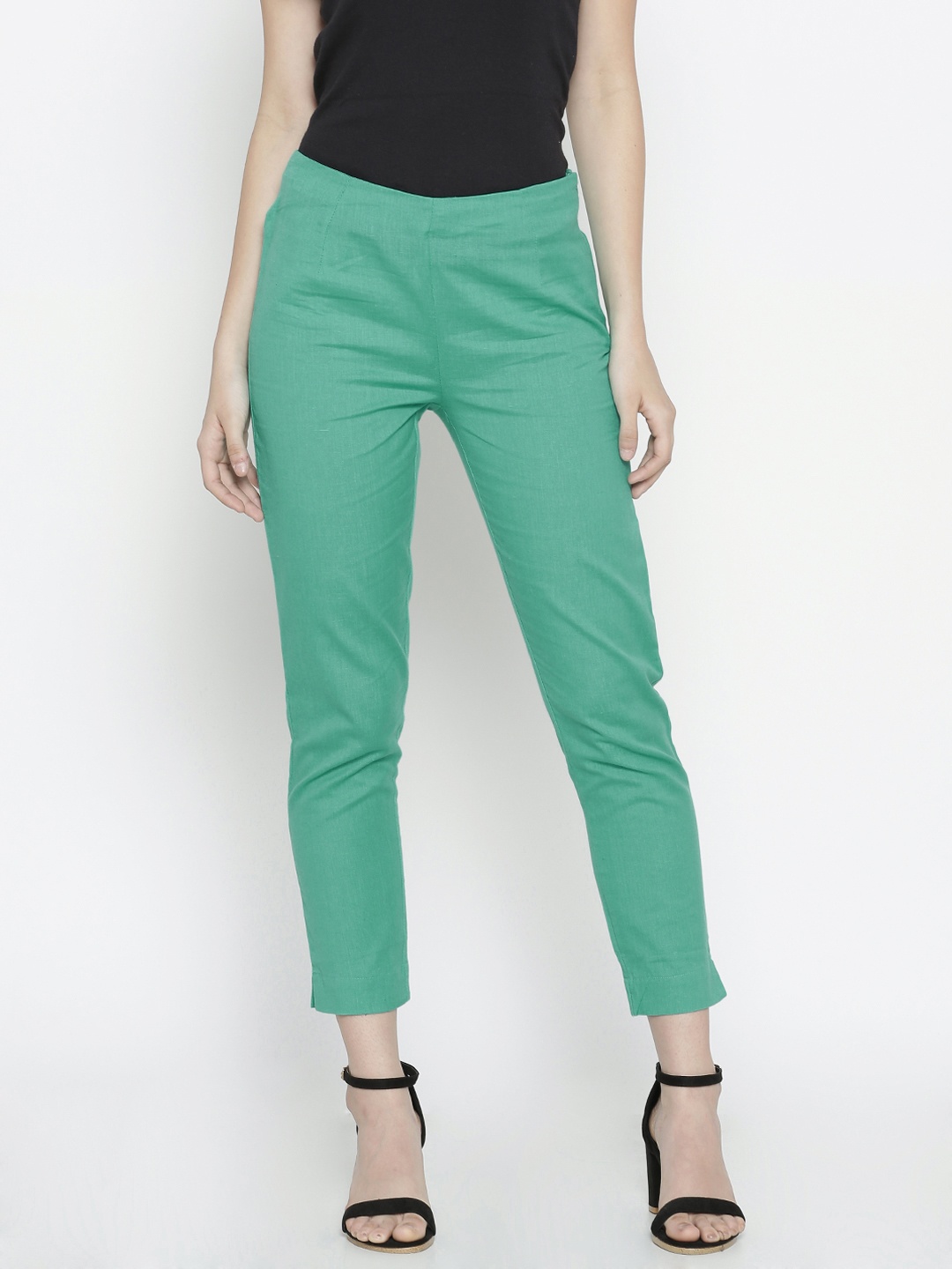 

AURELIA Women Turquoise Blue Regular Fit Solid Cropped Cigarette Trousers