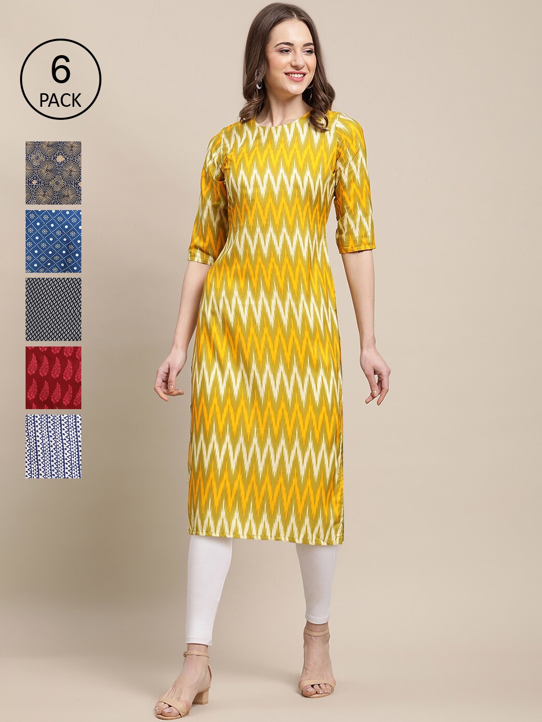

7Threads Women Pack of 6 Ethnic Motifs Printed Straight Crepe Kurta, Mustard
