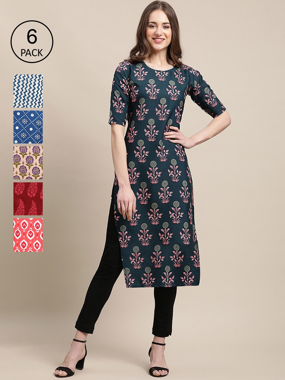 

7Threads Women Multicoloured Floral Printed Block Print Crepe Kurta, Multi