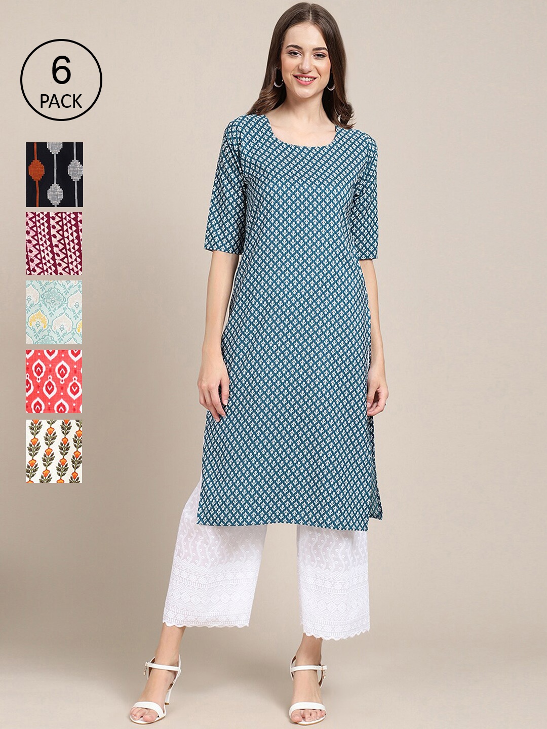 

7Threads Women Pack of 6 Ethnic Motifs Printed Straight Crepe Kurta, Off white