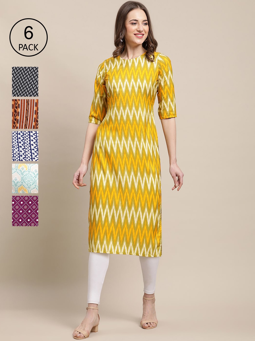

7Threads Women Pack of 6 Geometric Printed Crepe Kurta, Yellow