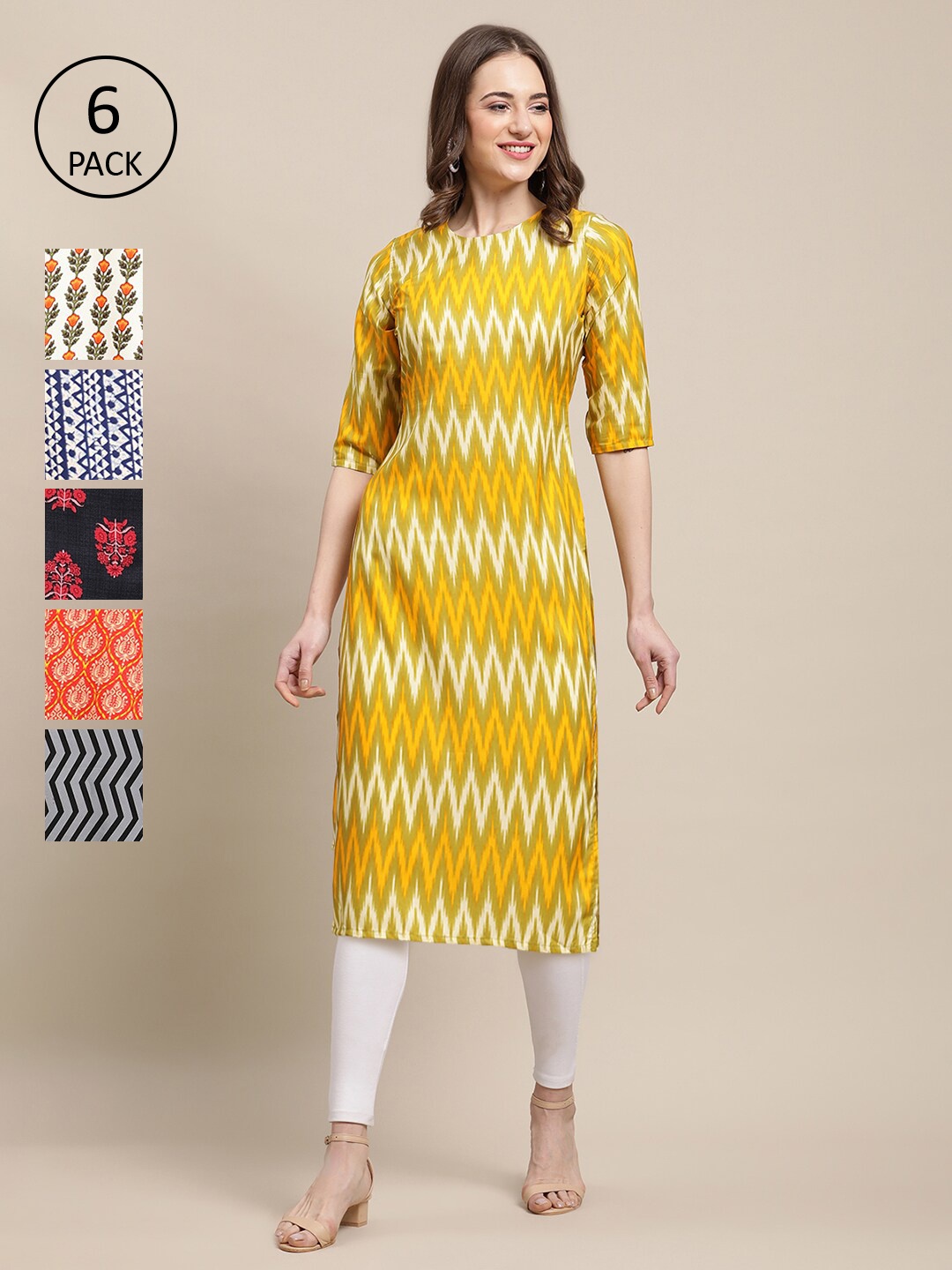

7Threads Women Pack Of 6 Floral Printed Crepe Kurta, Orange