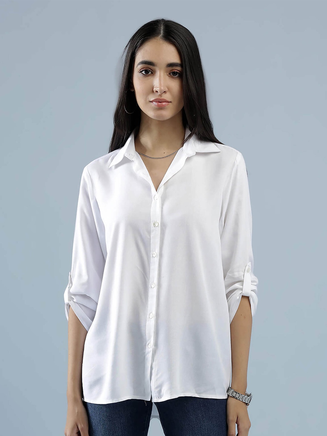 

IDK Women White Solid Semi Sheer Casual Shirt