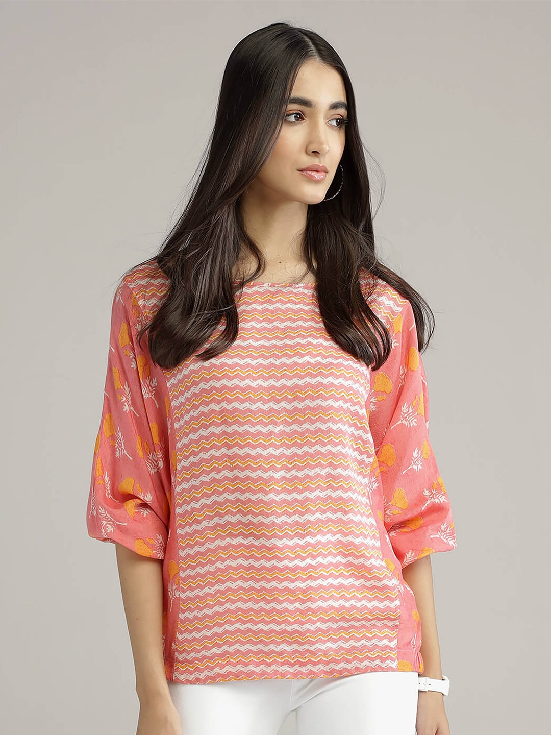 

IDK Women Peach-Colored Striped kimono sleeves Top