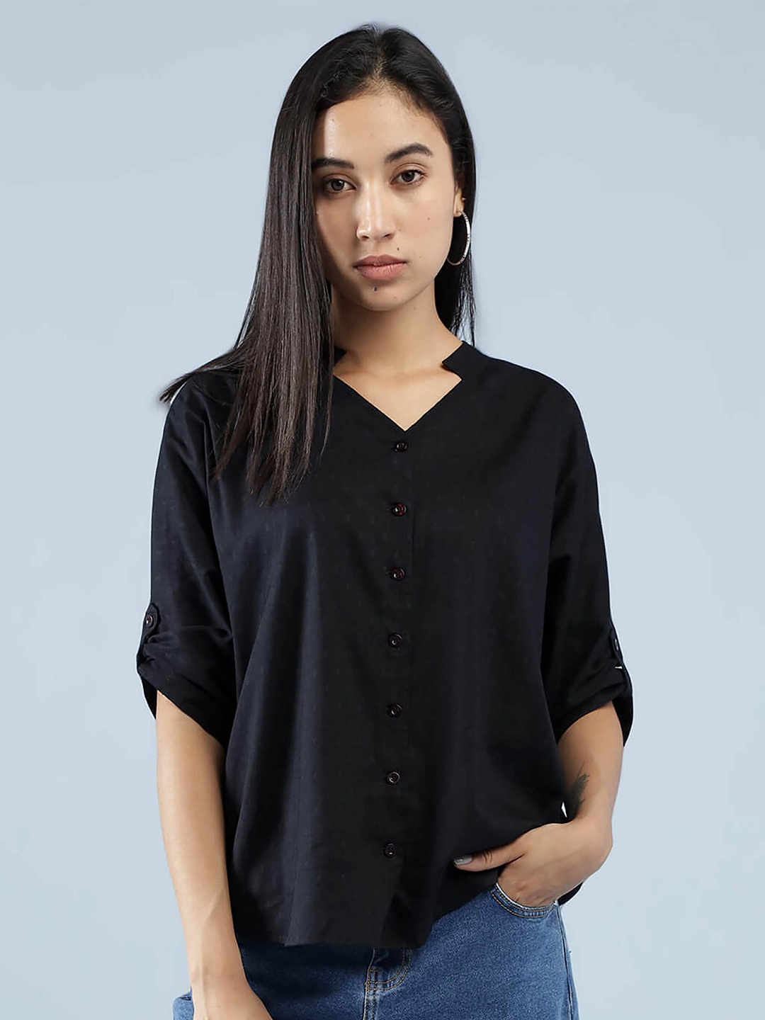 

IDK Women Black Solid Dobby Kaftan Shirt