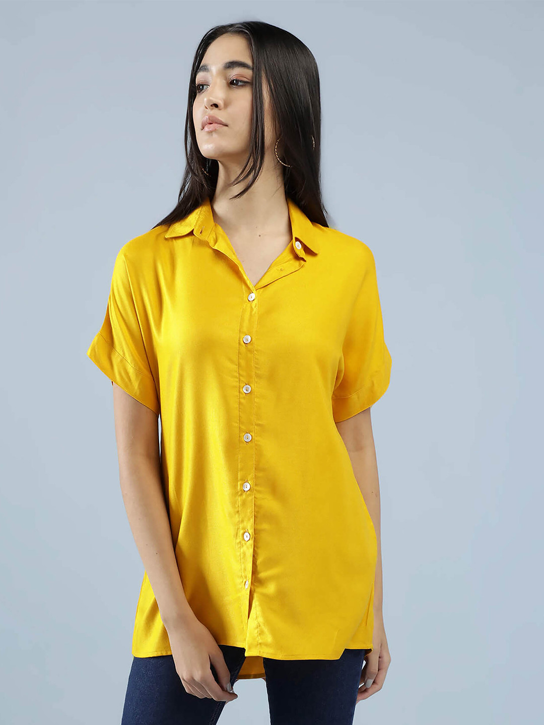 

IDK Women Yellow Solid Casual High-Low Shirt