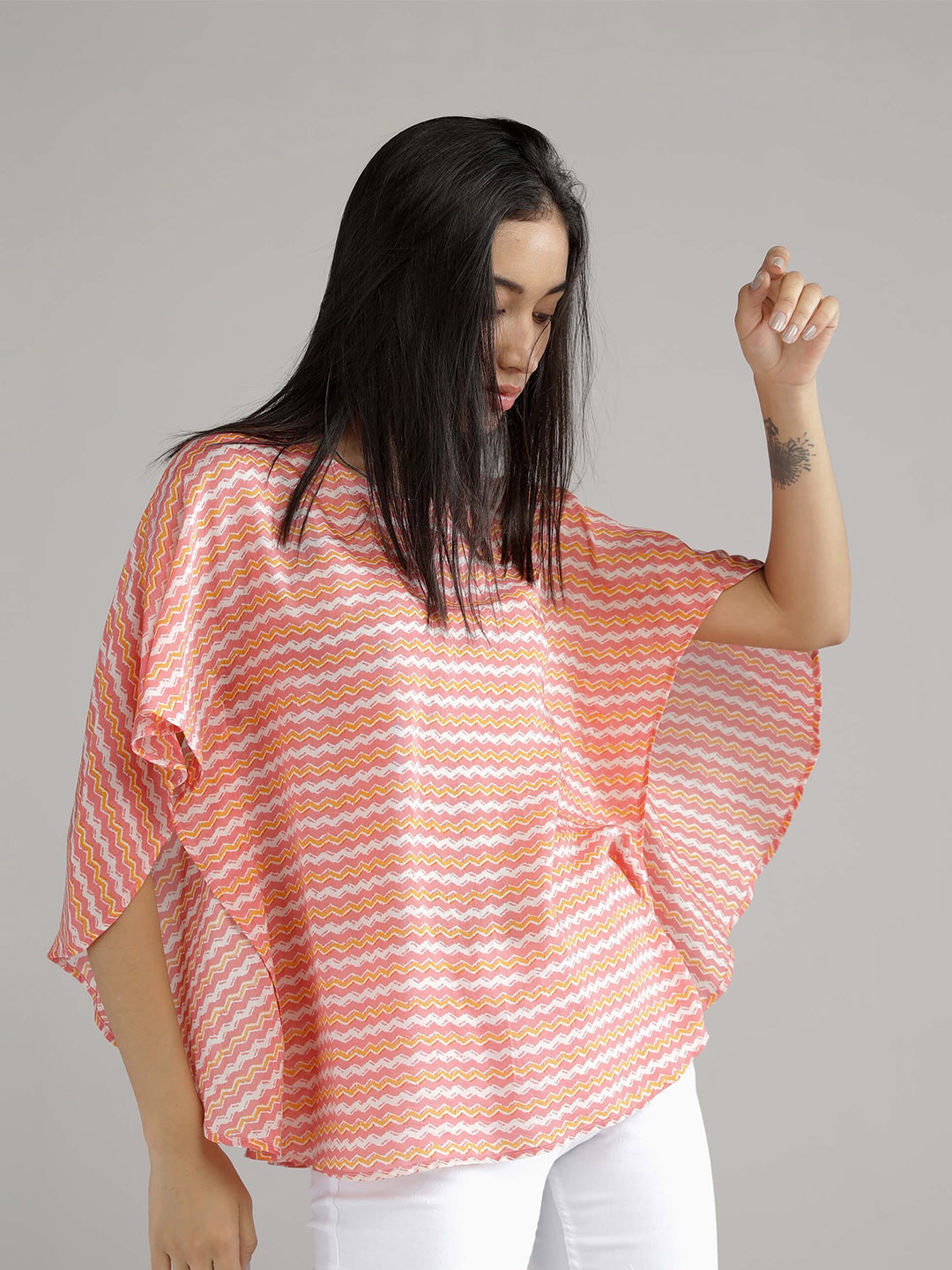 

IDK Women Peach-Colored Striped Kaftan Top