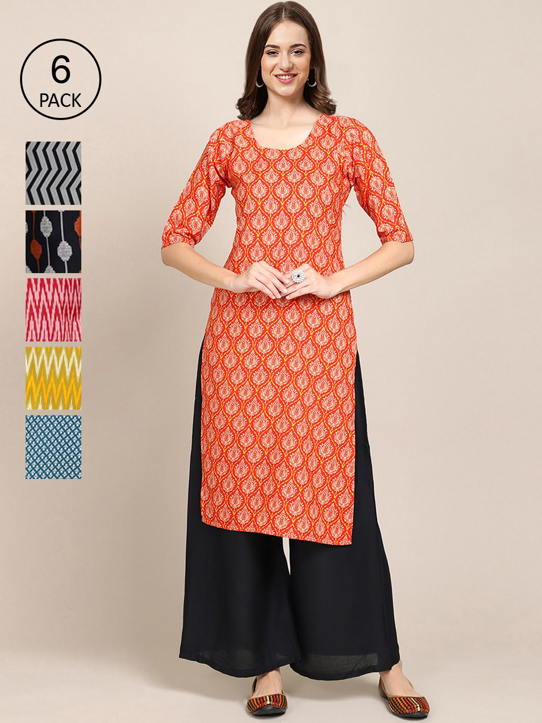 

7Threads PACK OF 6 Women Ethnic Motifs Printed Block Print Crepe Kurta, Orange