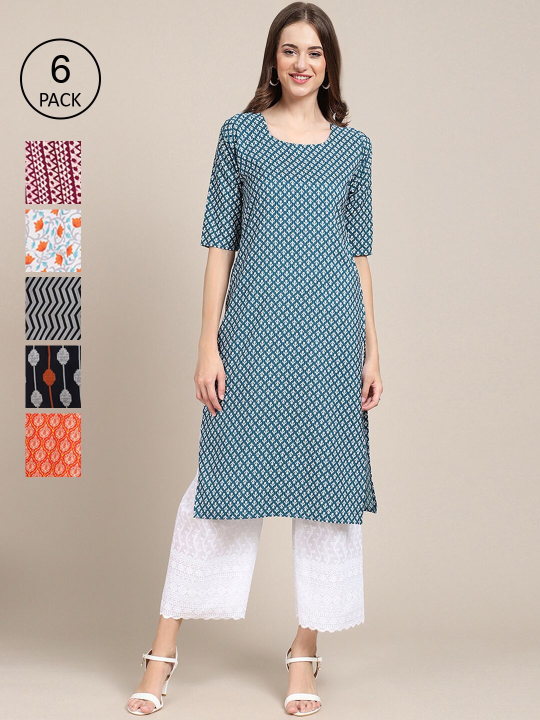 

7Threads Women Pack of 6 Printed Crepe Kurta, Multi