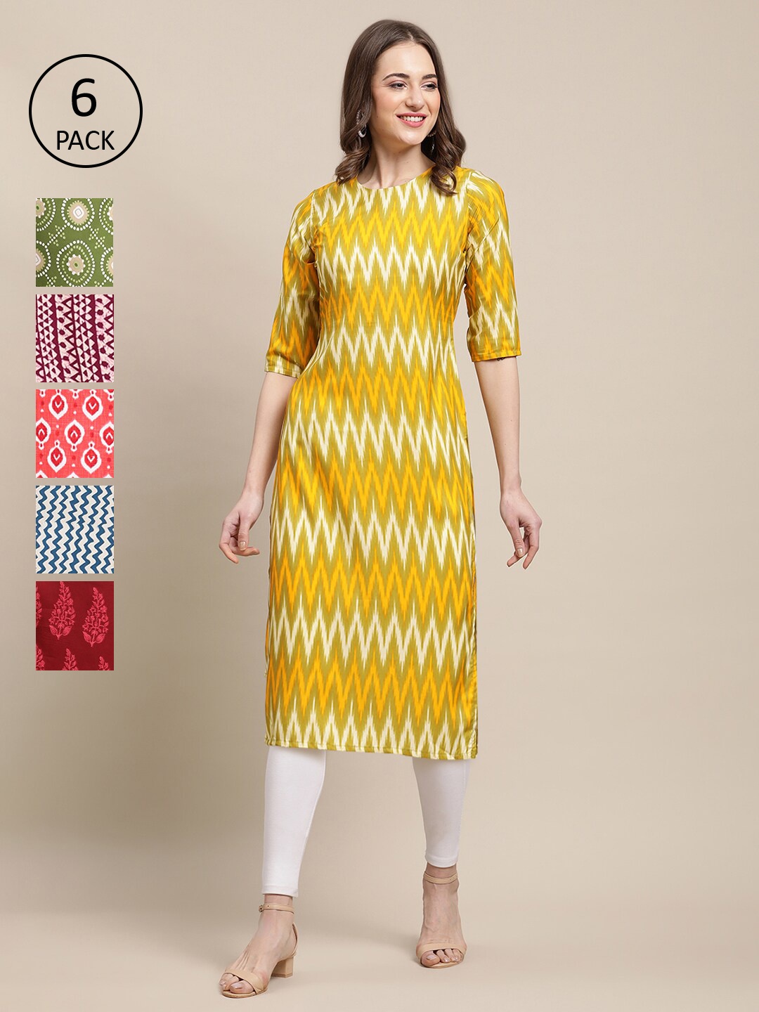 

7Threads PACK OF 6 Women Ethnic Motifs Printed Block Print Crepe Kurta, Yellow