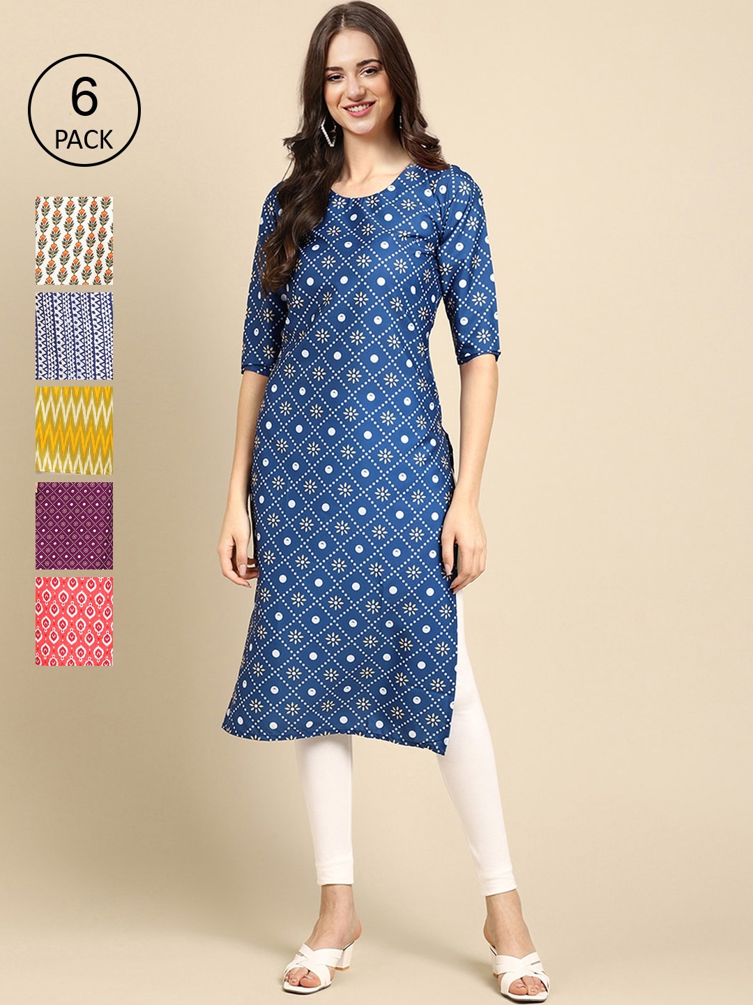 

7Threads Women Multicoloured Pack Of 6 Ethnic Motifs Printed Crepe Kurta, Multi