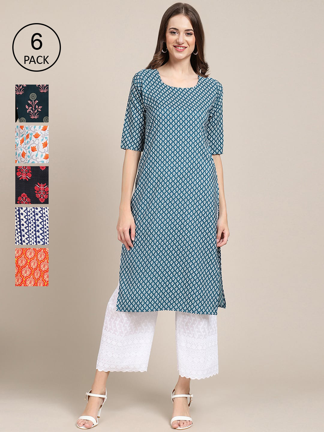 

7Threads Women Multicoloured Pack Of 6 Ethnic Motifs Printed Crepe Kurta, Multi