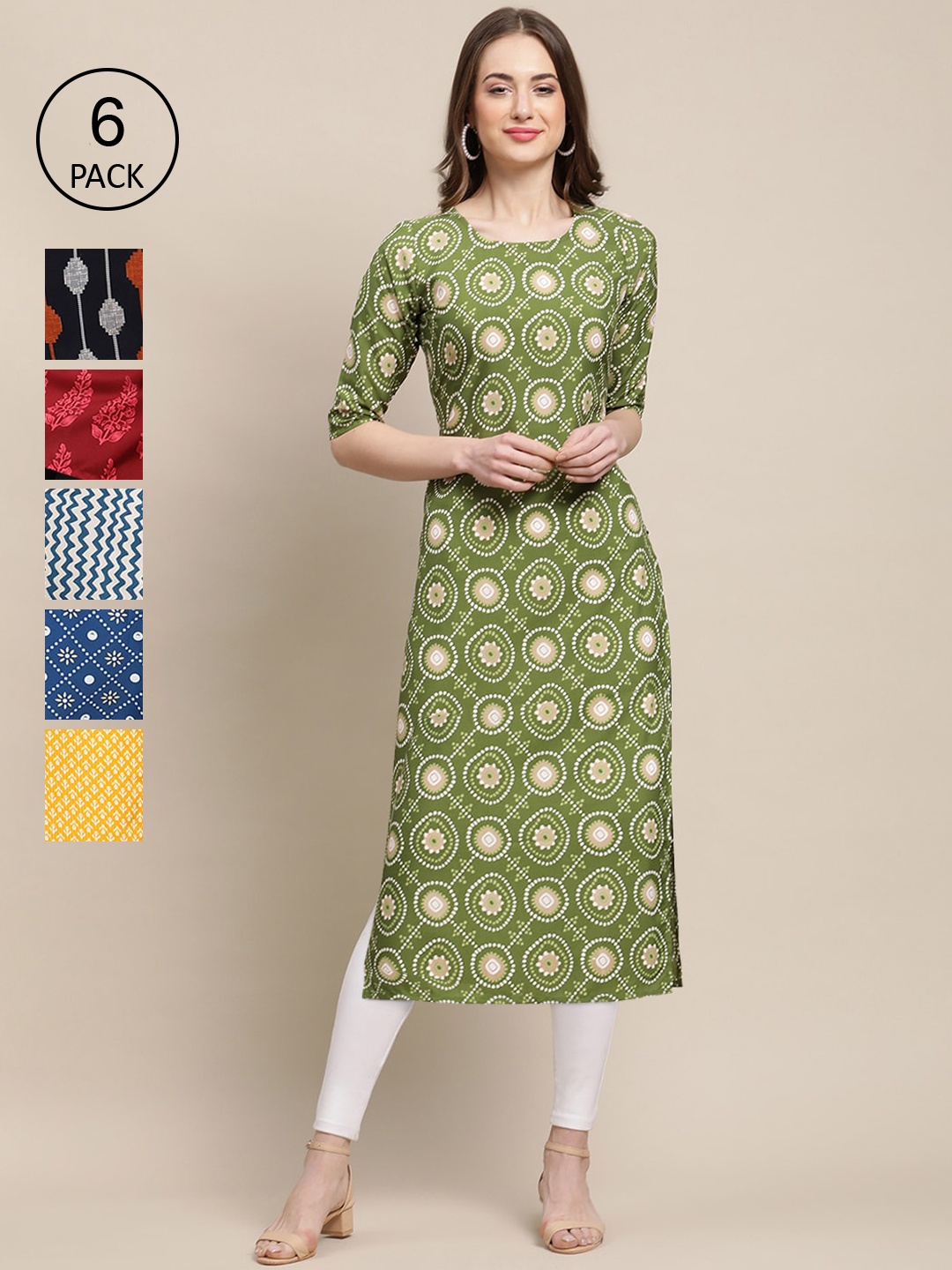 

7Threads Women Multicoloured Pack Of 6 Ethnic Motifs Printed Crepe Kurta, Multi