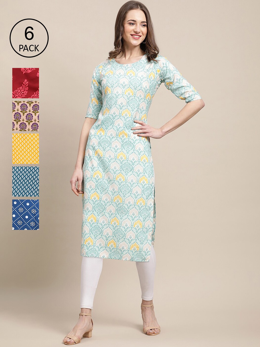 

7Threads Women Multicoloured Pack Of 6 Ethnic Motifs Printed Crepe Kurta, Multi