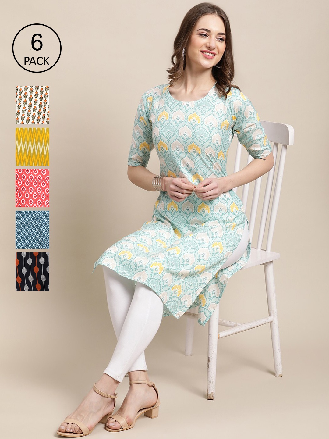 

7Threads Women Multicoloured Pack Of 6 Ethnic Motifs Printed Crepe Kurta, Multi