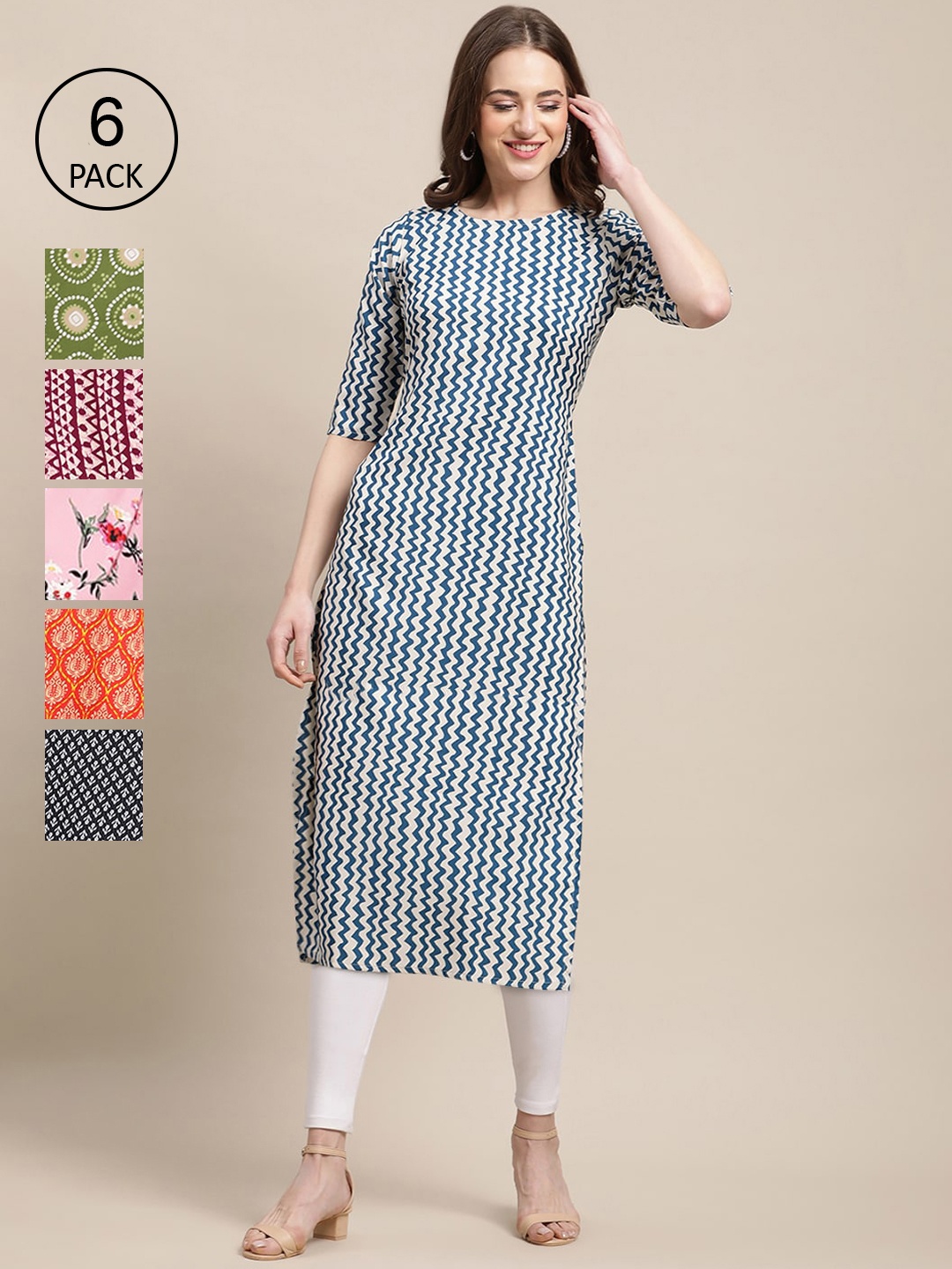 

7Threads Women Multicoloured Pack Of 6 Ethnic Motifs Printed Crepe Kurta, Multi