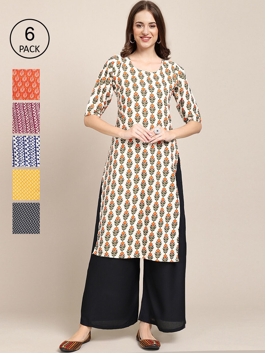 

7Threads Women Pack of 6 Digital Printed Crepe Kurtas, Red