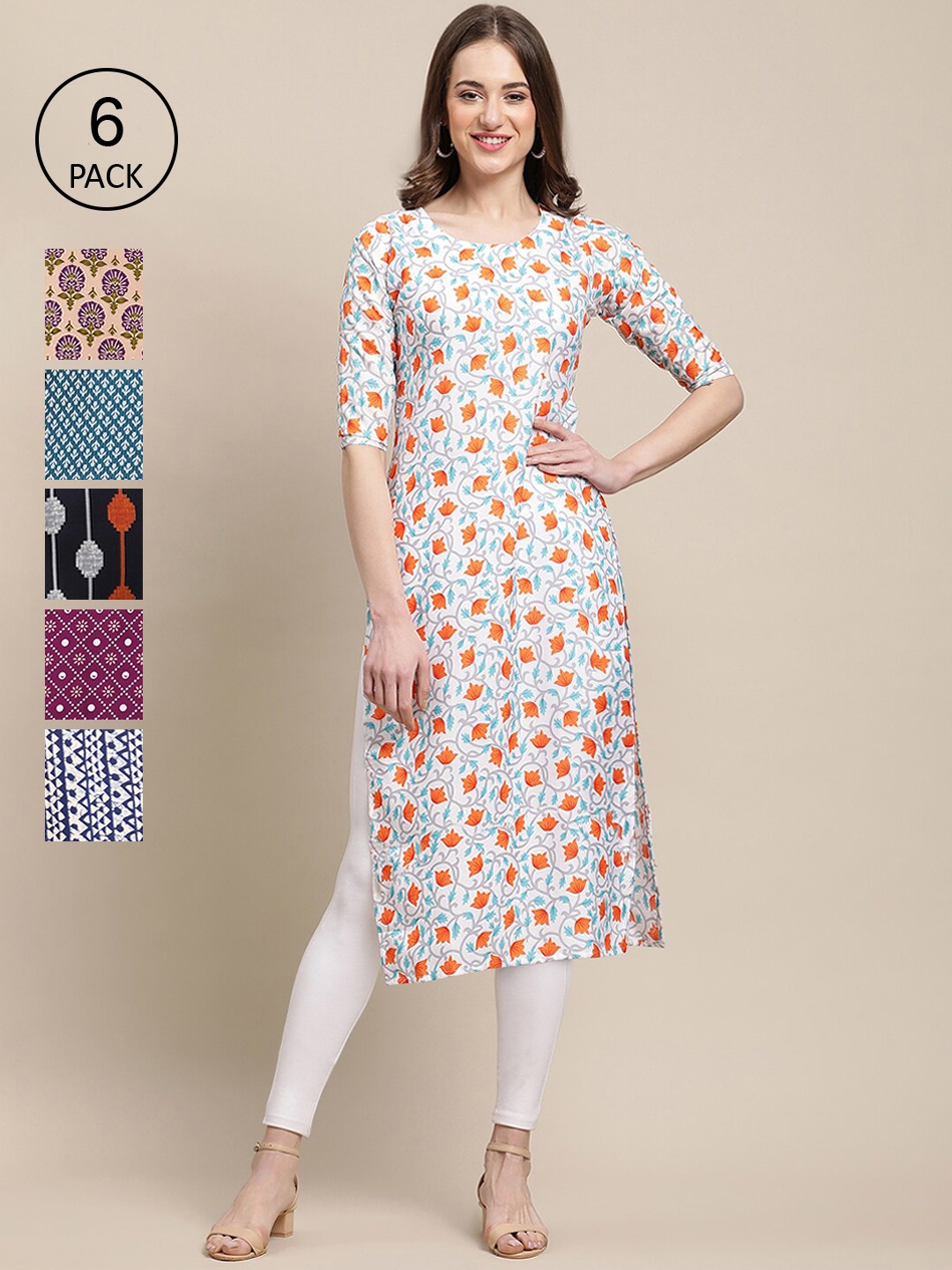 

7Threads Women Pack of 6 Printed Crepe Kurtas, Peach