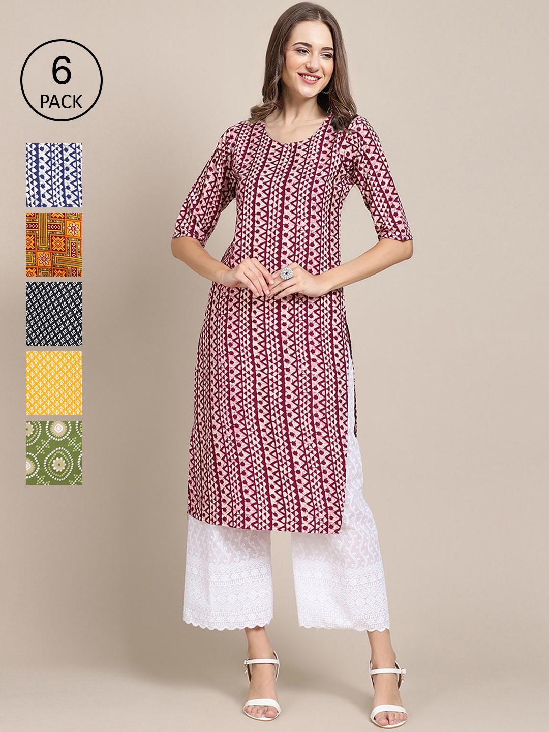 

7Threads Women Set Of 6 Maroon & Yellow Floral Printed Crepe Kurta