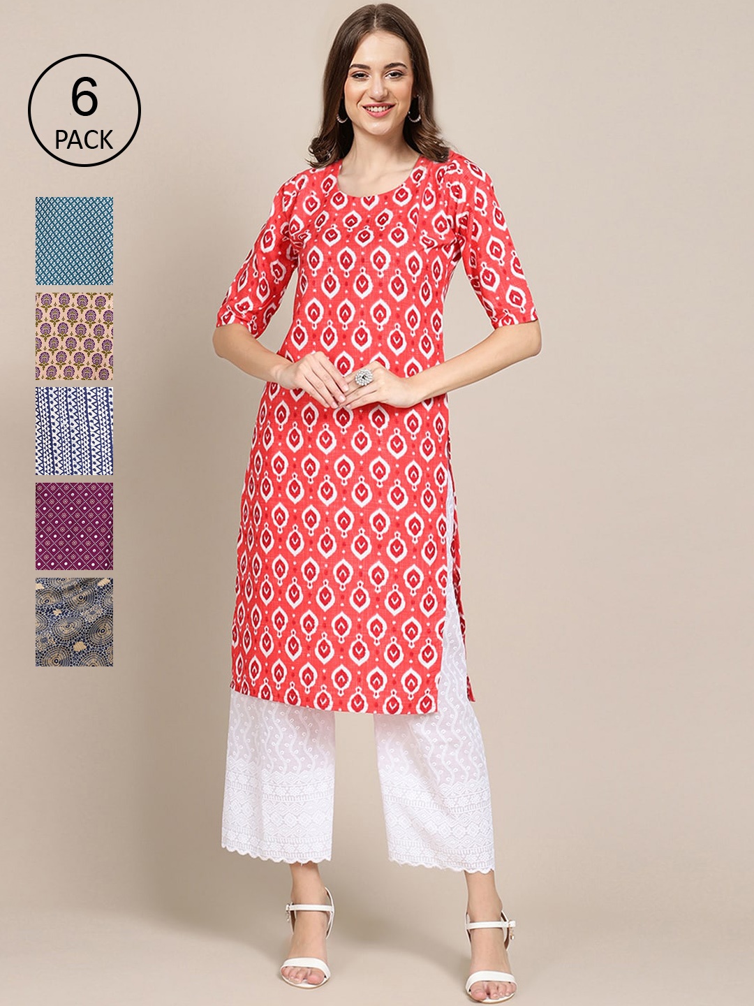 

7Threads Women Set Of 6 Peach-Coloured & Blue Floral Printed Crepe Kurta