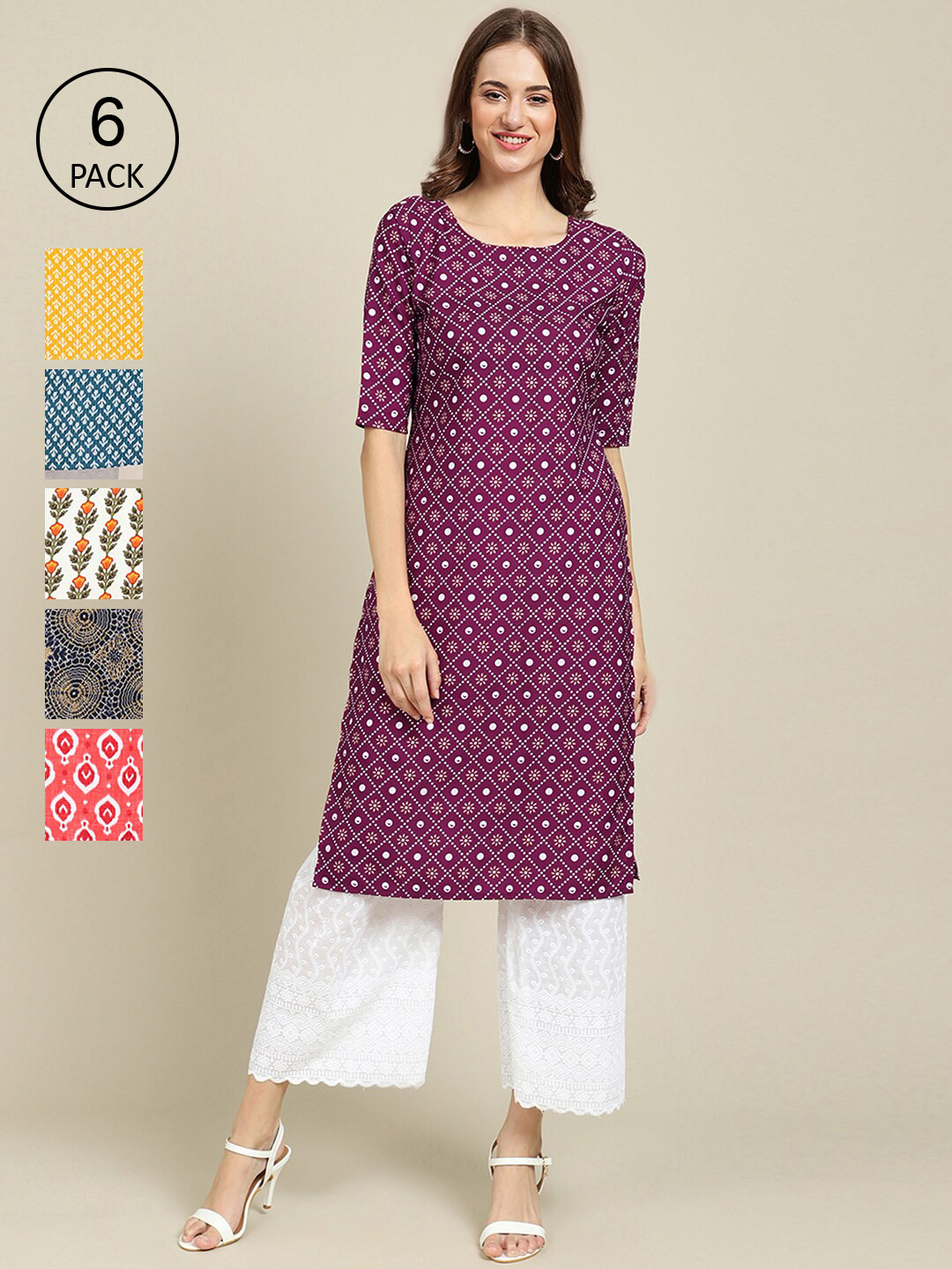 

7Threads Women Pack Of 6 Ethnic Motifs Printed Crepe Kurta, Purple