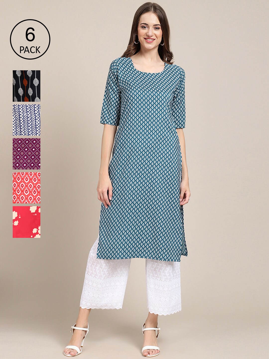 7Threads Women Pack Of 6 Floral Printed Crepe Straight Kurta, Blue
