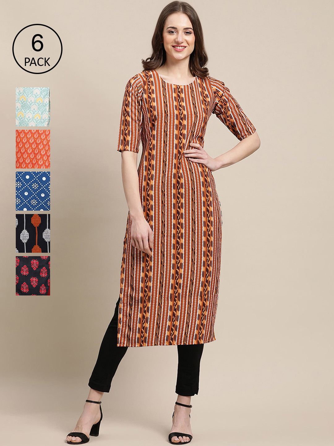 

7Threads Women Multicoloured Pack Of 6 Ethnic Motifs Printed Block Print Crepe Kurta, Multi
