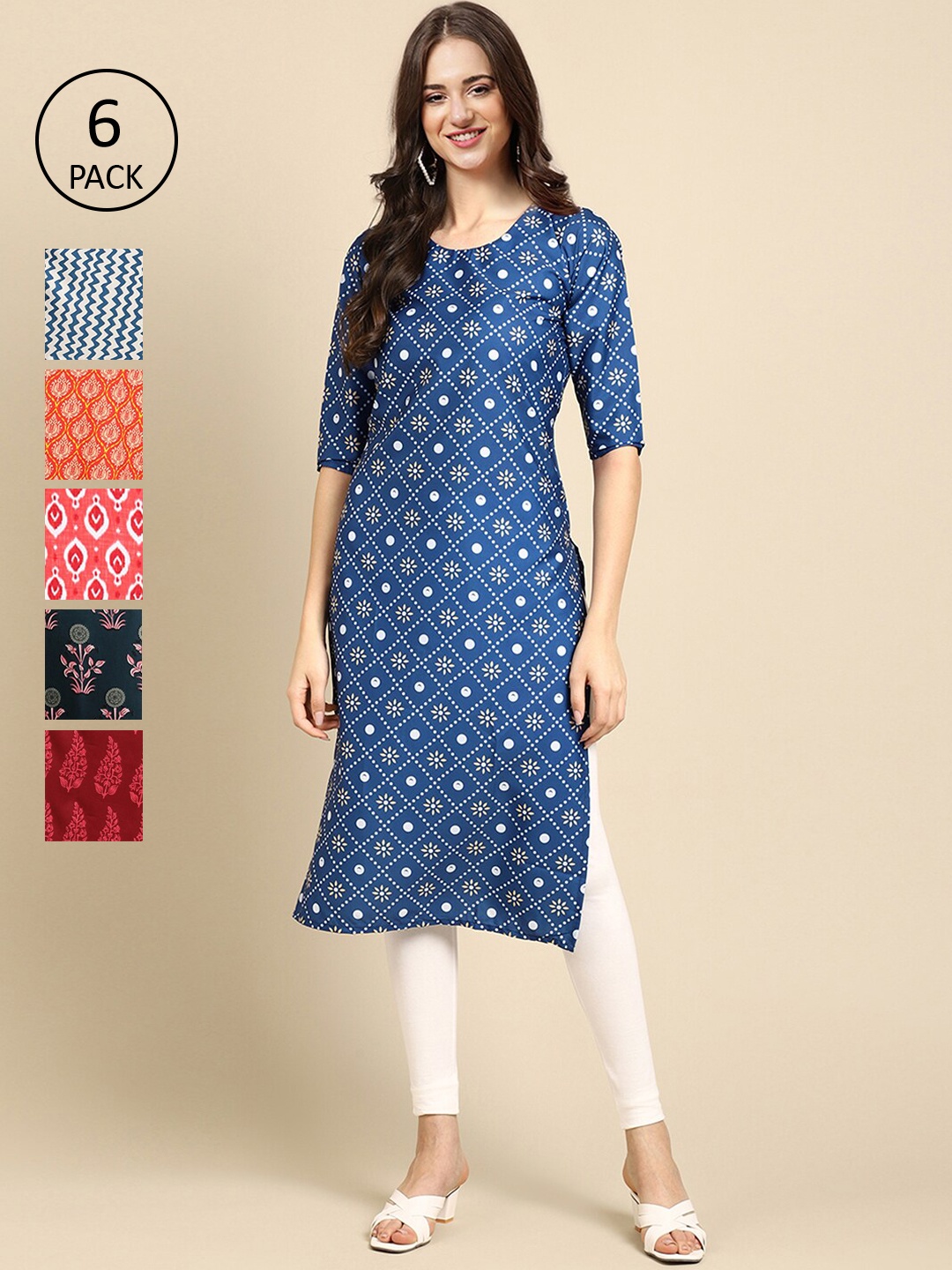 

7Threads Women Multicoloured Pack Of 6 Ethnic Motifs Printed Block Print Crepe Kurta, Multi