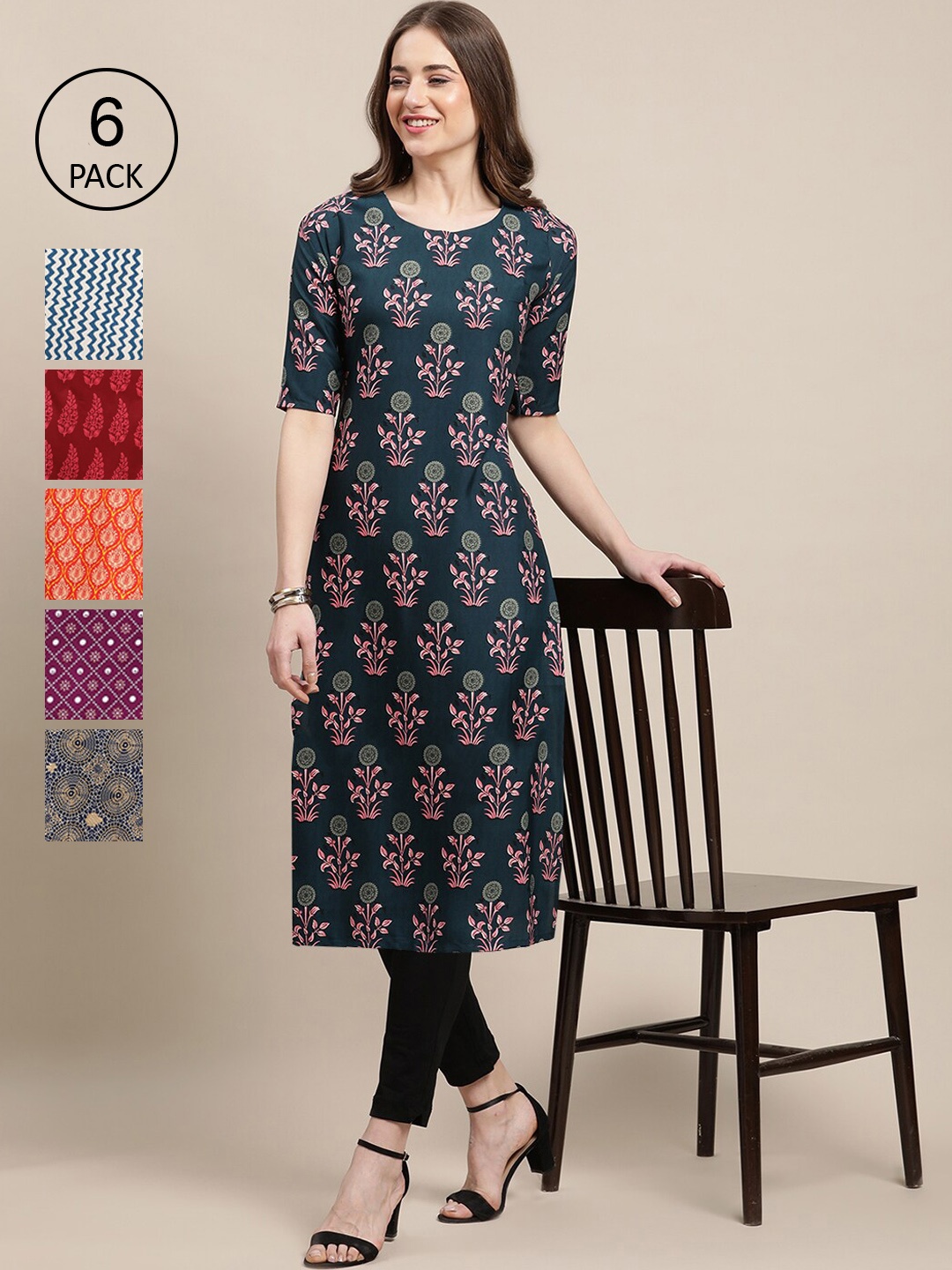 

7Threads Women Multicoloured Pack Of 6 Ethnic Motifs Printed Block Print Crepe Kurta, Multi