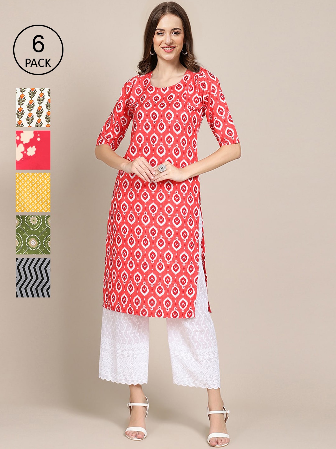 

7Threads Women Pack of 6 Yellow & Green Ethnic Motifs Printed Crepe Kurta